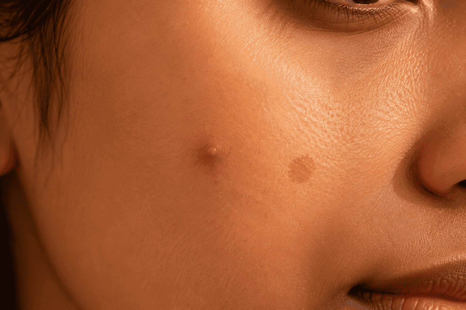 Close-up of a person's cheek with a mole and smooth skin.