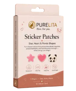 PURELITA sticker patches with star, heart, and panda shapes for skin care.